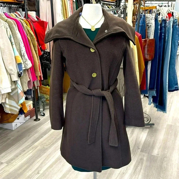 COACH Wool Belted Jacket with Gold Buttons,  3/4 Winter Coat Button Up Collar - Picture 1 of 8